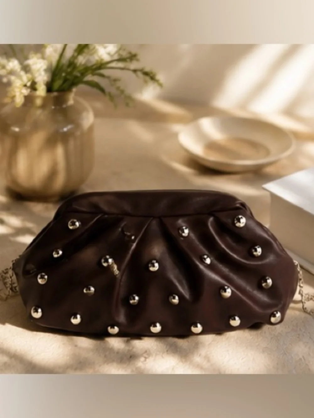 Luxe Studded Draped Leather Clutch in Rich Chocolate Brown